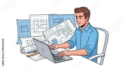Architect reviewing blueprints on laptop in modern office setting