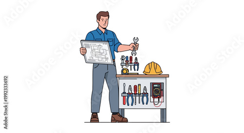 Illustration of engineer with blueprint and tools in workshop setting