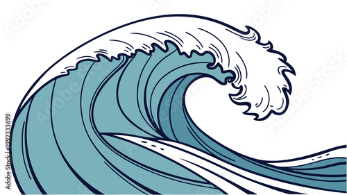 Vector illustration of a large curling ocean wave with blue water and white foam swelling illustration