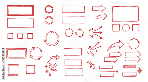 Diagram elements red hand drawn arrows shapes grid set vector illustration for presentations process flow icons