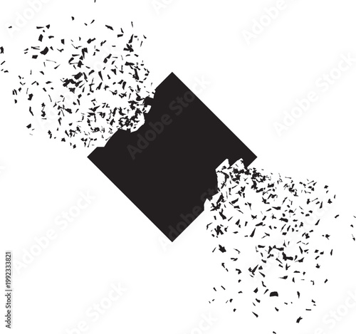 Shattered rhombus banner explodes, crashed square shape with fractured edges and scattered black cracks vector design