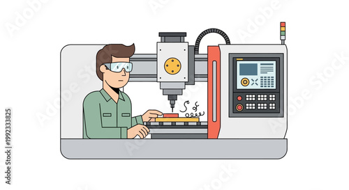 Illustration of Technician Operating CNC Machine in Workshop