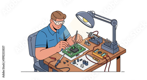 Man soldering electronic circuit board at workbench with tools