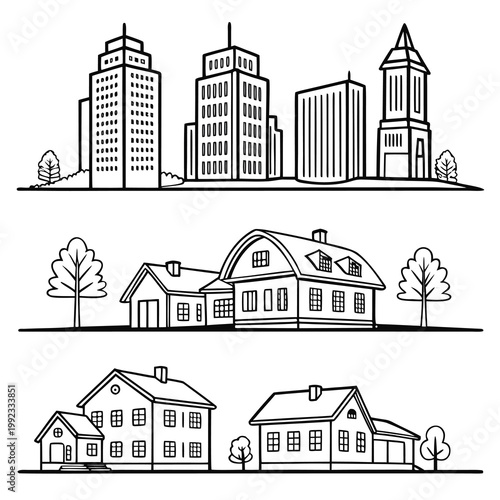 Vector illustration of urban buildings and suburban houses line art with building architecture neighborhood