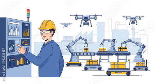 Engineer operating automated robotics in modern industrial warehouse