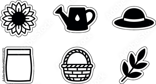 Black and white line art sunflower watering can hat sack basket and branch icons