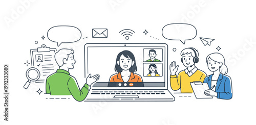 Remote interview conducted through digital communication platforms, visualized through a laptop with a video call window and simple speech bubbles as the main objects,