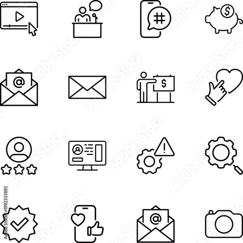 Digital marketing social media business web icons, video, presenter, smartphone, piggy bank, email, heart, user, computer