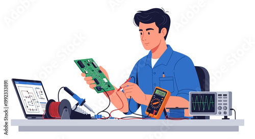 Technician testing electronic circuit board at workbench in lab setting