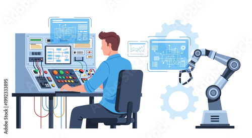 Engineer operating robotic arm control panel in futuristic lab setting