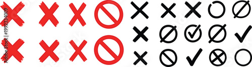 Red cross mark and black prohibited stop sign icons set vector illustration