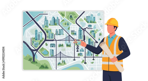 Engineer analyzing city map for urban planning and development