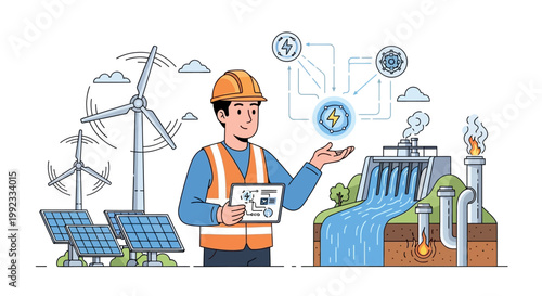 Engineer with renewable energy icons and power plant illustration