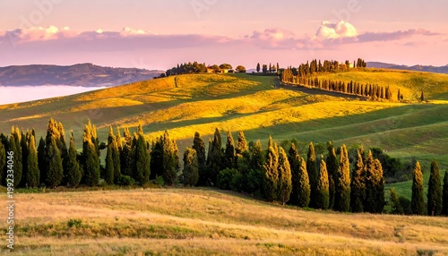 Tuscan Landscape Rolling Hills And Cypress Trees At Golden Hour Sunset With A Distant Farmhouse In Rural Italy