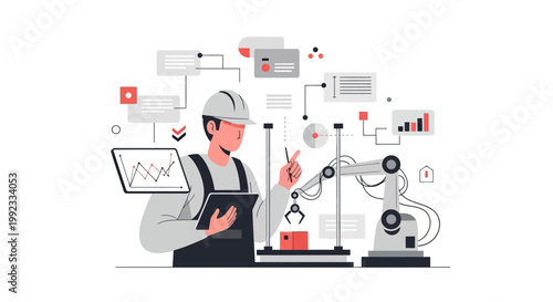 Engineer controlling robotic arm with tablet in modern factory setting