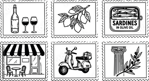 Black and white line art stamps with wine bottle glasses lemons sardines scooter cafe and greek column