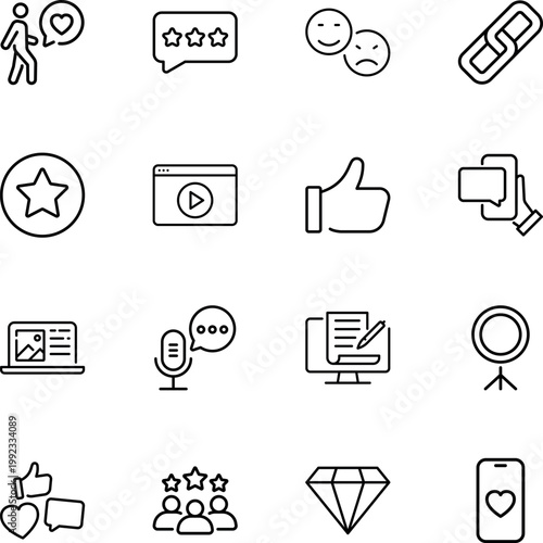 Online social media engagement content marketing icons, star, like, video, link, microphone, laptop, phone, diamond