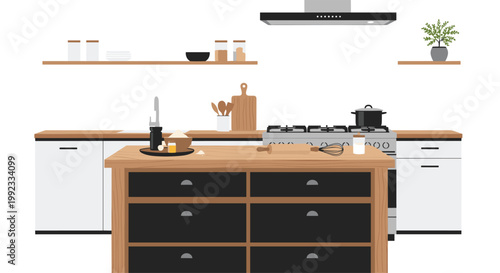 A meticulously designed modern kitchen interior features a central wooden island with dark drawers against a backdrop of clean white cabinetry under bright and even lighting.