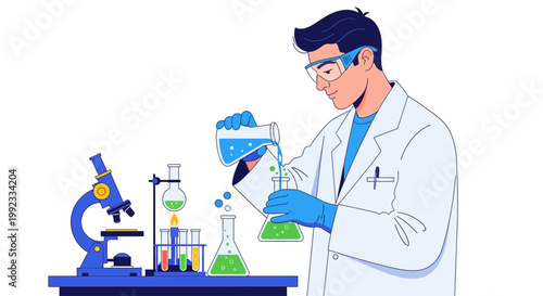 Scientist conducting experiment with laboratory equipment and colorful chemicals