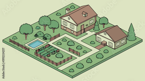 Vector illustration of an isometric suburban neighborhood with isometric suburban neighborhood architecture