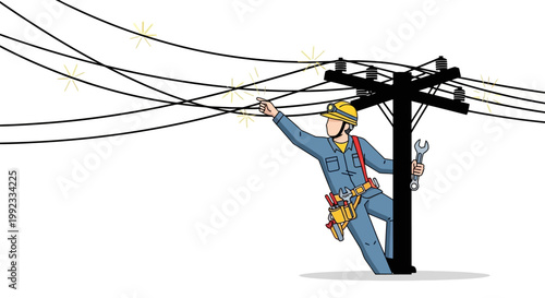 Electrician working on power lines with safety gear and tools