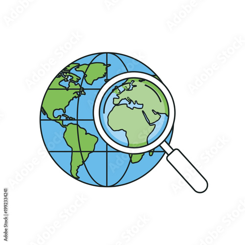 Magnifying glass over world globe icon.