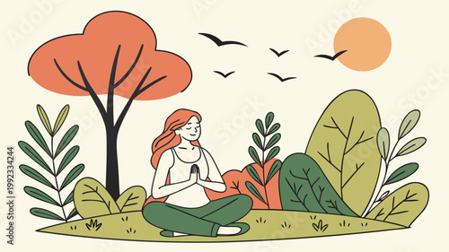 Vector illustration of a woman meditating in a park with meditation wellness mindfulness outdoors exercise