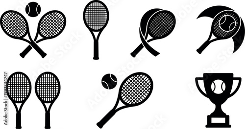 Black and white tennis rackets balls and trophy vector art icons