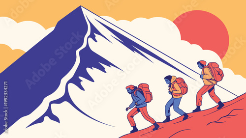 Vector illustration of hikers climbing a steep mountain at sunset with mountain adventure climbers climbing