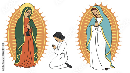 Vector illustration of woman praying to religious figures with religion spiritual kneeling christian