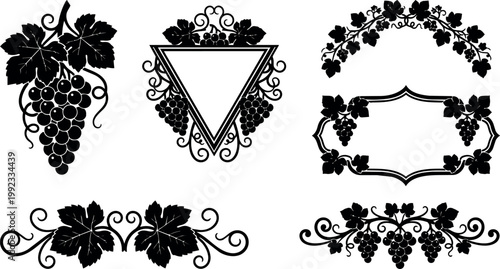 Black grapevine ornamental border frame and bunches vector art elements