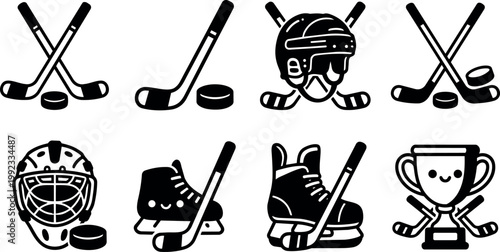 Black and white hockey skates sticks puck and trophy vector art icons