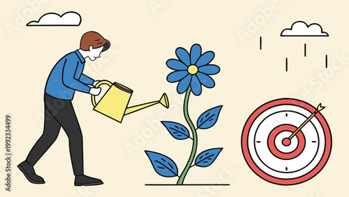 Vector illustration of man watering flower to reach target goal with watering achievement development