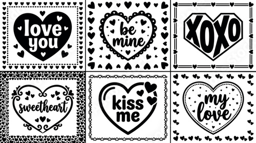 Black and white calligraphic love you be mine xoxo sweetheart kiss me my love hearts vector art