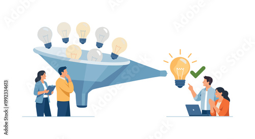 Concept filtering moment where ideas are narrowed down to identify the most valuable option, highlighting focus, efficiency, and structured thinking in problem-solving