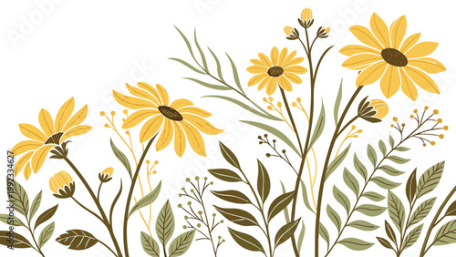 Vector illustration of yellow daisy flowers with decorative green foliage botanical illustration decorative