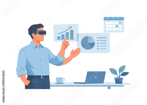A professional using augmented reality glasses in a modern workspace to interact with digital information layered over the physical environment, representing advanced