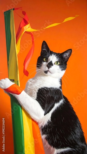 Tuxedo Cat With Black And White Fur Holding Colorful Pole On Vibrant Orange Studio Background Looking Up Curiously With Green Eyes