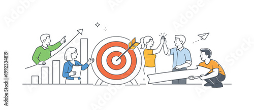 Business expansion and performance improvement in a corporate environment where teams achieve higher results through strategy and effort, illustrated by a group