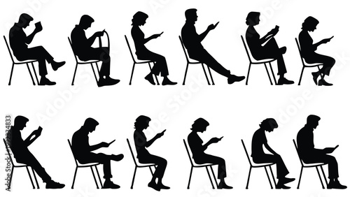 Vector illustration of diverse people sitting on chairs using mobile devices with silhouettes, smartphones