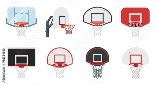 A meticulous comprehensive set of eight distinct basketball hoop designs features various backboard shapes and colors arranged in a grid on a white background in even light.