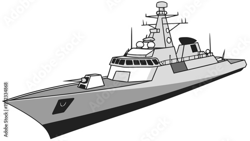 Vector illustration of a modern gray military naval frigate ship with military maritime transport