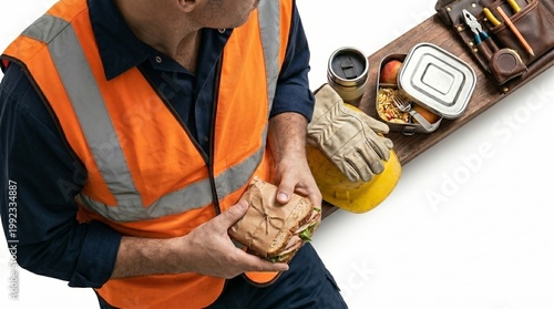 Construction worker taking a lunch break holding a sandwich. Industrial laborer wearing a safety vest eating a meal during a work shift. Professional builder resting at construction site.