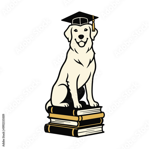 Loyal golden retriever wearing a graduation cap sitting on top of books for vector illustration.