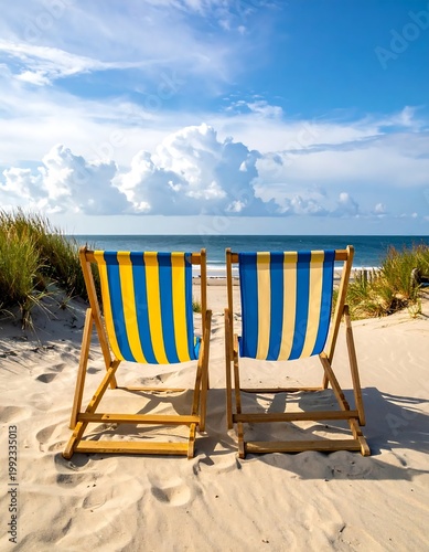 Two Blue And Yellow Striped Wooden Deck Chairs On A Sandy Beach Facing The Calm Ocean Waves Under A Bright Blue With White Clouds In Summer