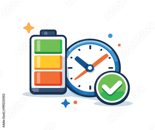 Personal energy management and aligning daily tasks with natural productivity cycles in modern work routines, a simple battery combined with a small clock and a checkmark