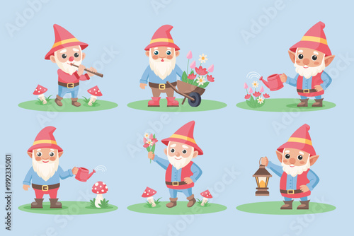 Cute garden gnomes set.  Cute gnomes with flowers, lantern, watering can and wheelbarrow. Illustration.
