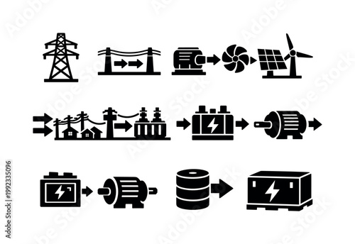 Power systems and energy flow: transmission tower, power lines, generator, turbine, solar panel, wind turbine, energy flow arrows, distribution grid, substation, charging