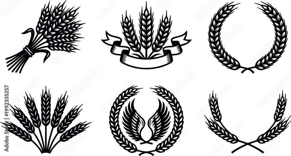 Fototapeta premium Wheat bunches and laurel wreaths with wings