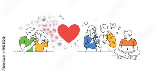 A romantic design concept where visual elements express affection and connection through modern graphic styles, illustrated through a clean scene featuring a cluster of